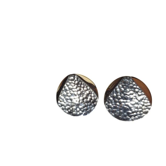 Silver Tone Hammered Earrings Round Textured Disc Folded Overlay Artisan Jewelry - Picture 1 of 3